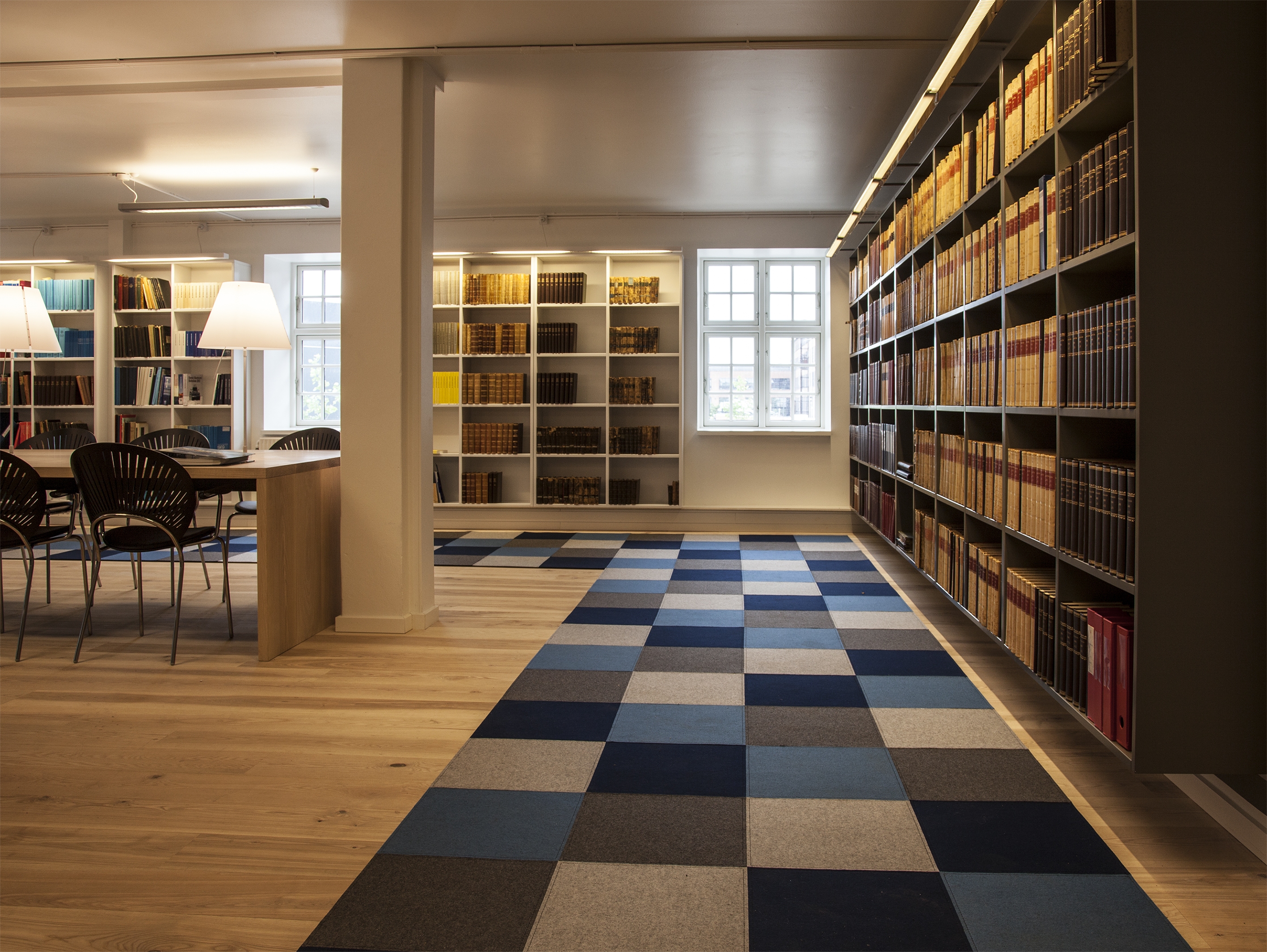 Fraster filttæppe i tern på bibliotek