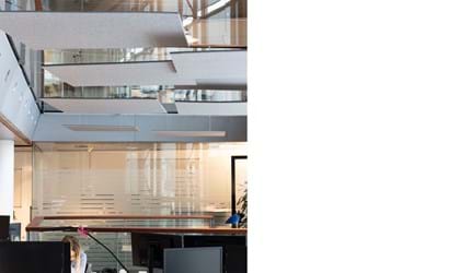 akustisk løsning, acoustic, decoration and acoustic, wool felt, baffles, vandret akustik løsning