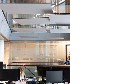 akustisk løsning, acoustic, decoration and acoustic, wool felt, baffles, vandret akustik løsning