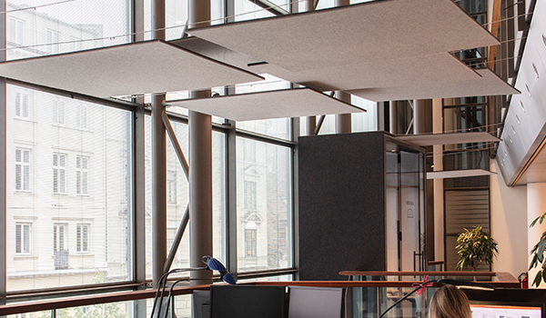 akustisk løsning, acoustic, decoration and acoustic, wool felt, baffles, vandret akustik løsning